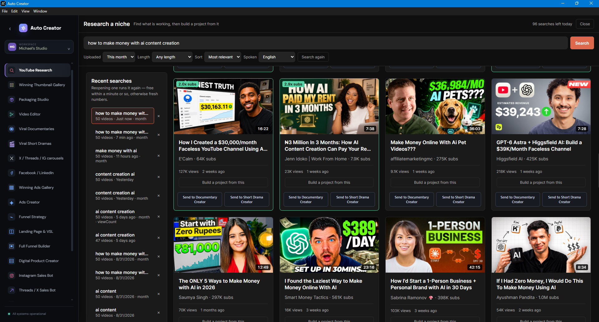 Auto Creator YouTube Research showing a dense grid of video results and thumbnails